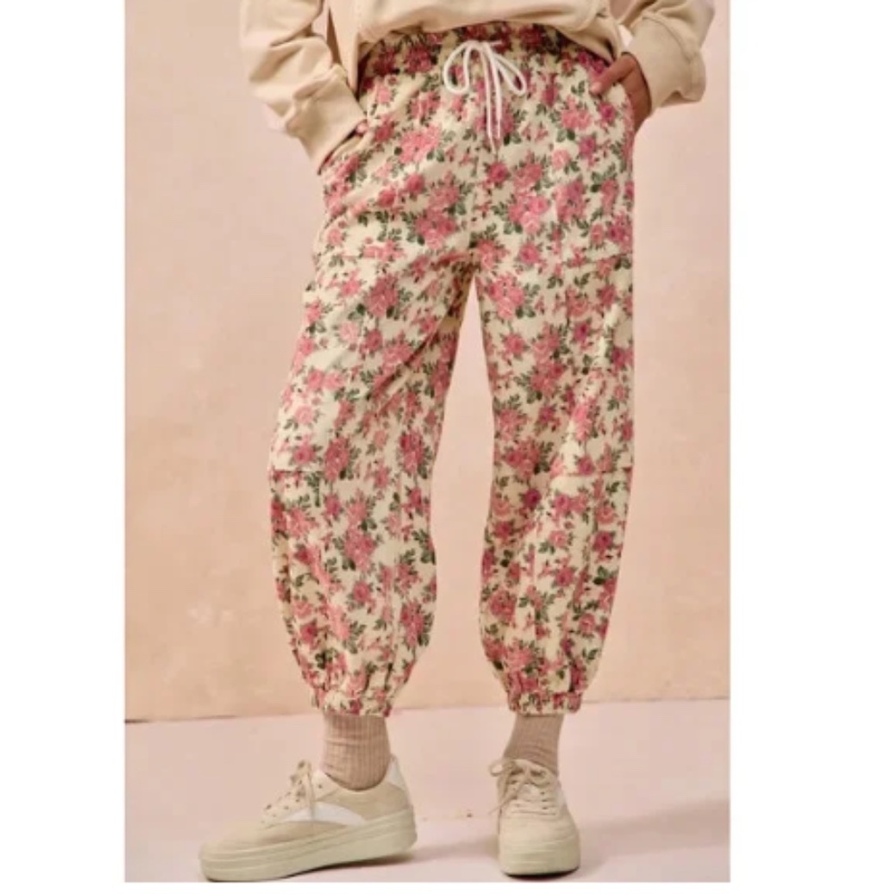 BiBi Cream Floral Jogger Pants with Pink & Green Print